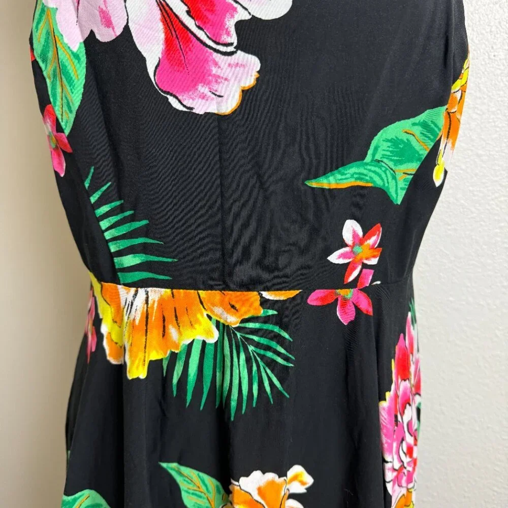 Fit & Flare Cami Mini Sun Dress  Sleeveless  Black Floral Size L - Picture 3 of 11